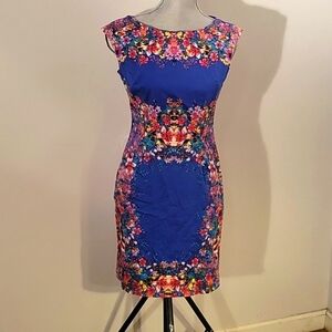 London Times Blue Floral Sleevless Sheath Dress, Size: 6